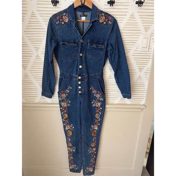 Venus Women’s Size 6 Medium Embroidered Floral Denim Skinny Pant Jumpsuit - Picture 3 of 4